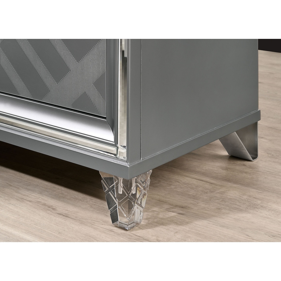 Contemporary Style 1pc Chest Acrylic Legs Embossed Art Deco Diamond Faux Drawers Handles Silver Finish