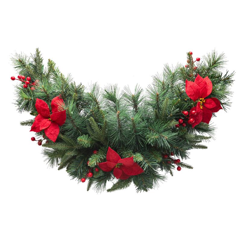 Glitzhome 3FT Pre-Lit Artificial Christmas Swag With 50 Warm White Lights and Timer - Multi-red