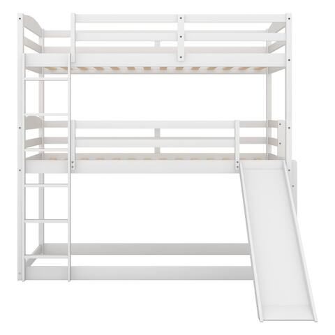 White Twin over Twin over Twin Adjustable Triple Wood Bunk Bed with 2 Ladders and 1 Slide, 79.1''L*41.7''W*76.7''H, 158.5LBS
