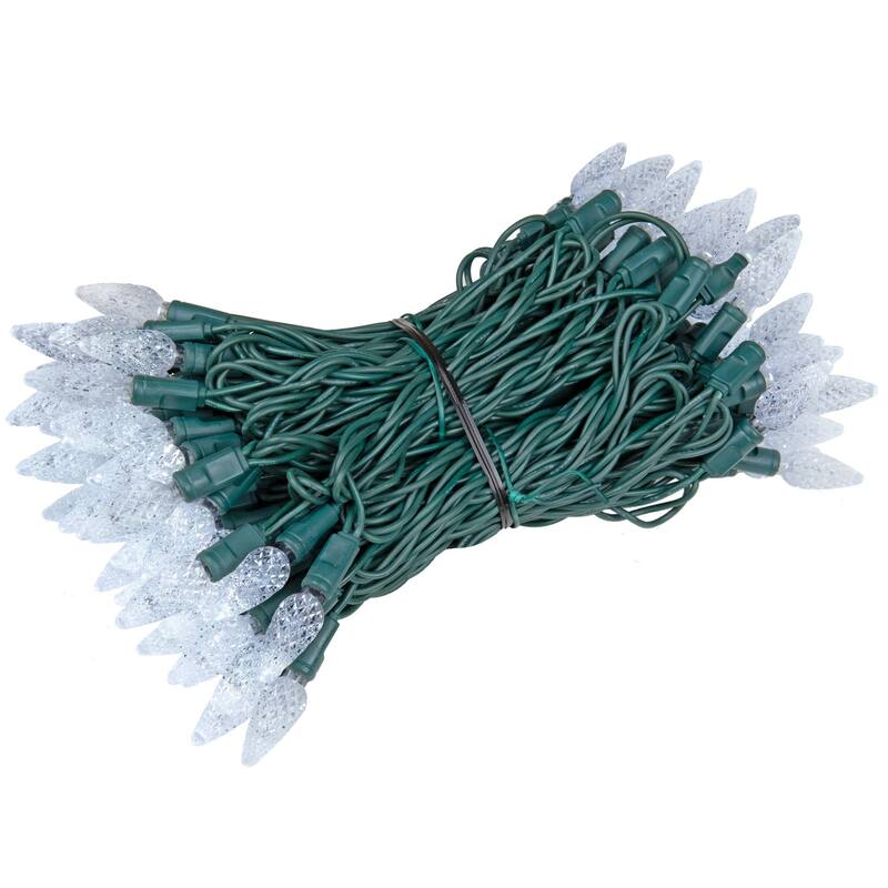 100 Light C6 LED Christmas Mini Light Set, Green Wire, 50 Feet - White
