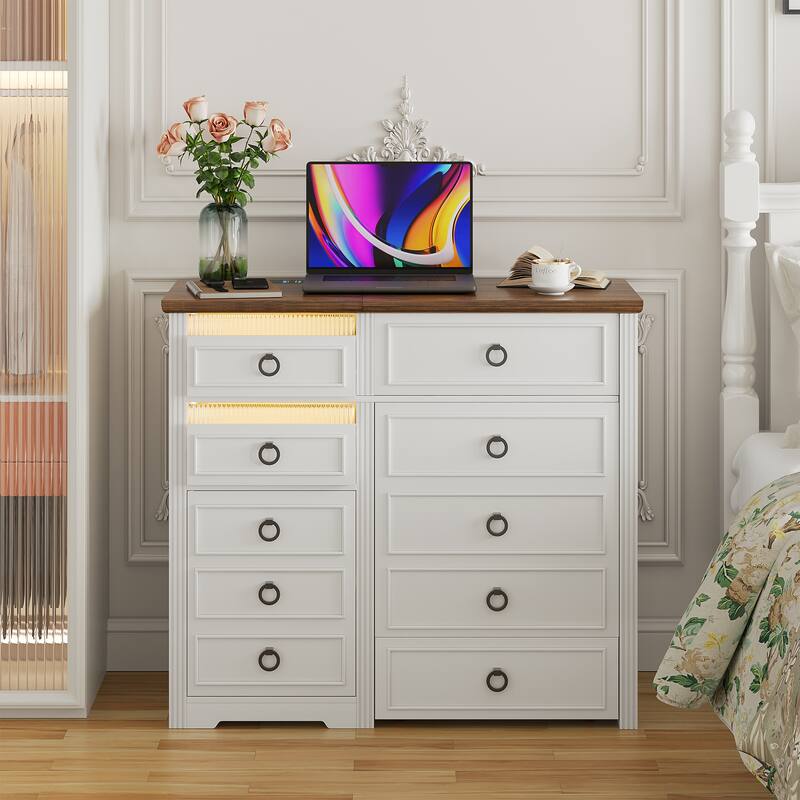 Makeup Vanity With Led Light and Hidden Storage - Antique White