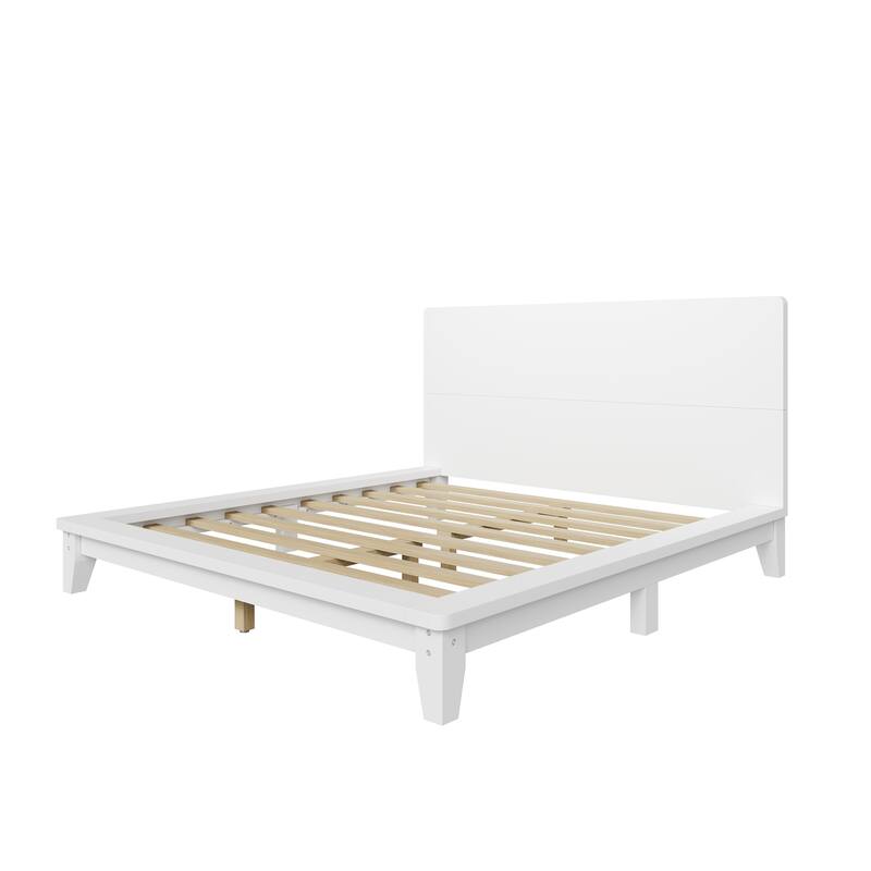 Low-Profile Platform Bed Frame with Headboard, Wood Slat Support, Wingback Panel Bed