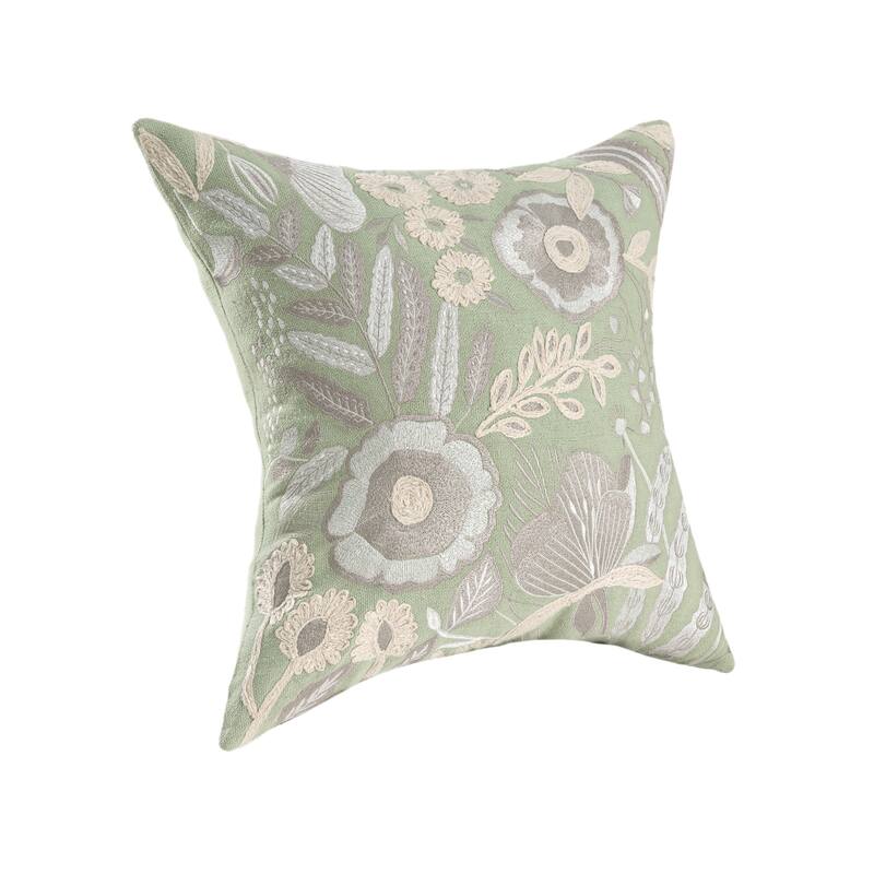 Handwoven Embroidered Floral Square Throw Pillow - 20" - Green and White