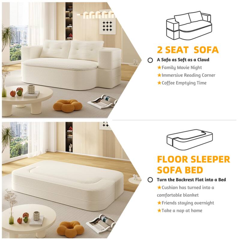 78.7 Inch Convertible Floor Sofa Bed, Plush Corduroy Sleeper Couch with Blanket and 2 Pillows, Deep Seat