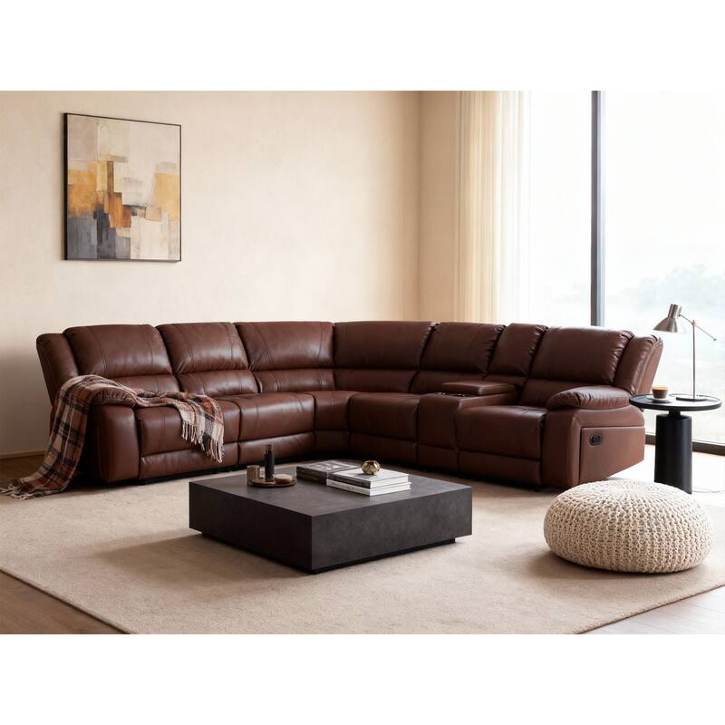 6PCS, 2 Manual Recliners, Faux Leather Reclining Sectional with Center Console - Brown
