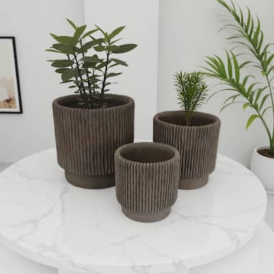 Zeri 3pc Planter Set, Ribbed Grooved Brown Terracotta, 8,10,12 Inch