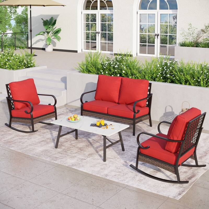 MAISON ARTS 4-Seat Patio Conversation Sets with 2 Rocking Sofa Chairs, 1 Loveseat Sofa and 1 Coffee Table - Red