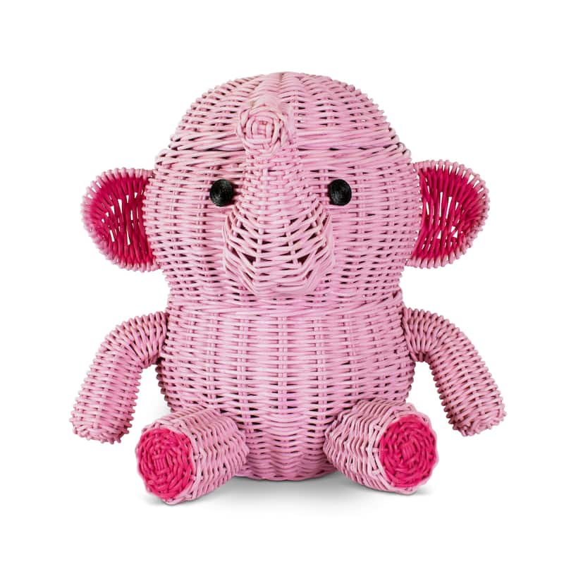 Large Pink Elephant Rattan Storage Basket with Lid Decorative Home Decor Hand Woven Shelf Organizer Cute Handmade Gift
