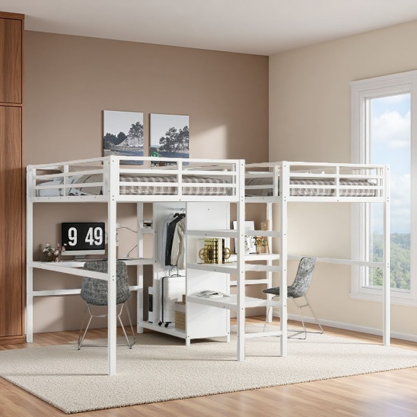 Twin over Twin Metal Loft Bed with Double Desk, Wardrobe, and Shelves, Built-In Electrical Outlets, Space-Saving Design