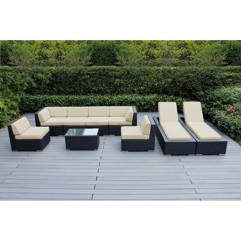 Ohana Outdoor Patio 9 Piece Black Wicker Sofa and Chaise Lounge Set - No Assembly