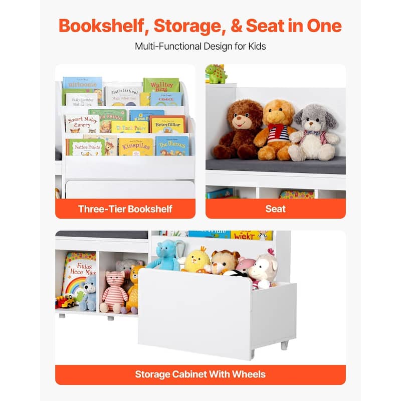 Kids Reading Nook, Wooden Storage Bench with Backrest, Kids Bookshelf & Toy Organizer, Large Toy Box Chest for Playroom