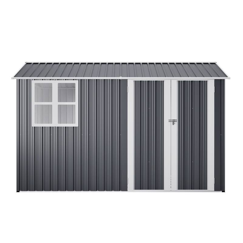 10X8FT Outdoor Steel Storage Shed with Clear Window, Lockable Doors, Weather-Resistant Metal Tool Shed, Gray