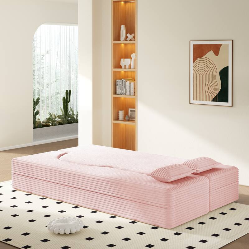 Convertible Floor Sofa with Corduroy Fabric, Twin Mattress & No Assembly