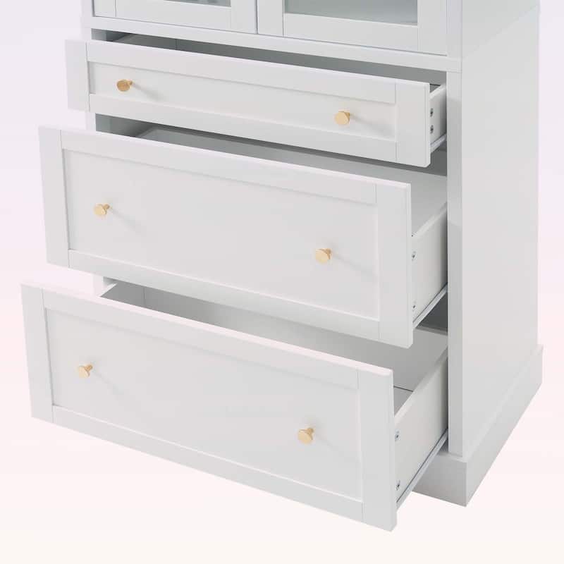 Freestanding Tall Bathroom Cabinet with 2 Adjustable Shelves,3 Drawers,Soft Close Glass Doors