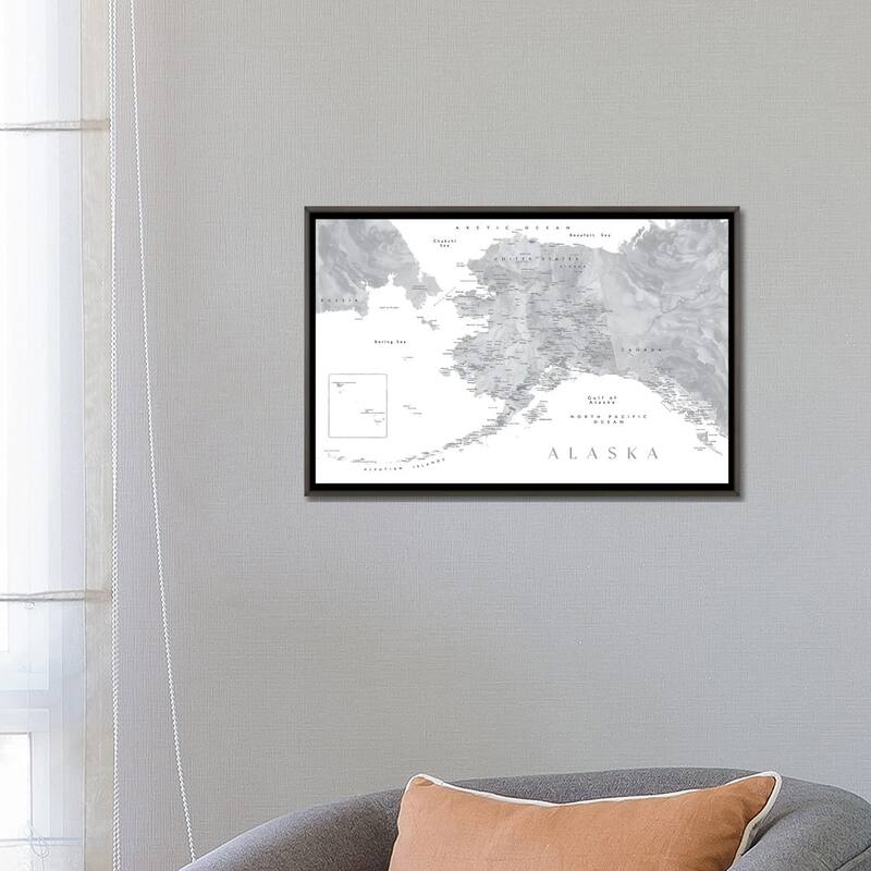 iCanvas "Gray Watercolor Detailed Map Of Alaska" by blursbyai Framed