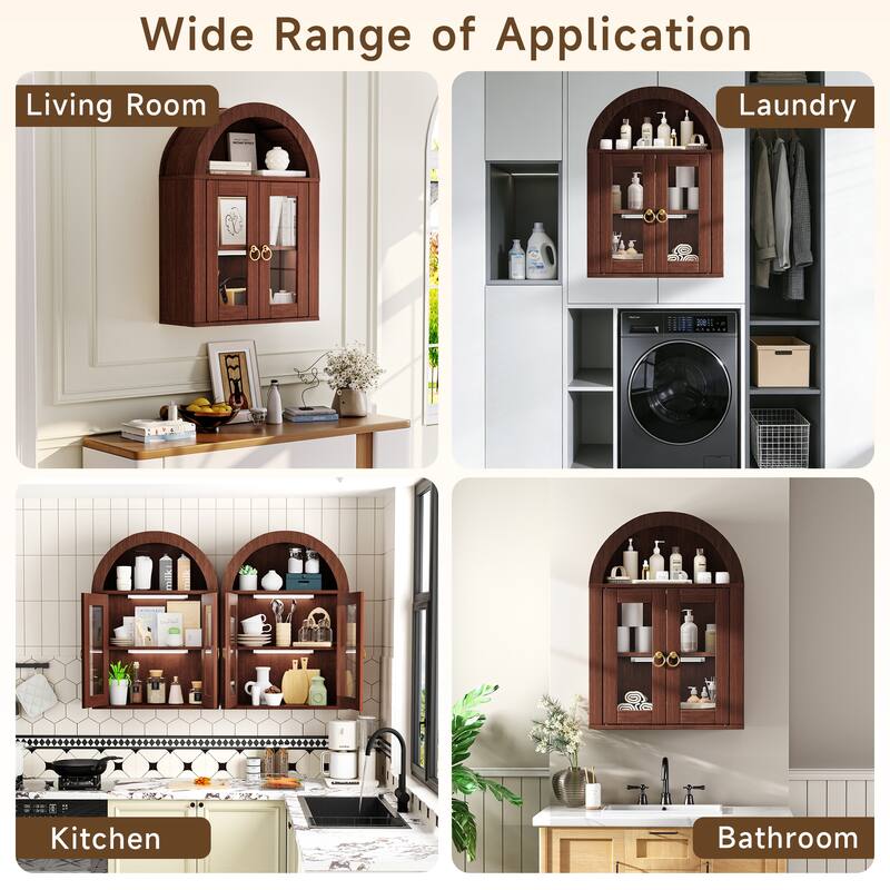 Wall Mounted Arched Cabinet with Glass Doors, Light and Adjustable Shelves for Laundry Room, Bathroom, Kitchen
