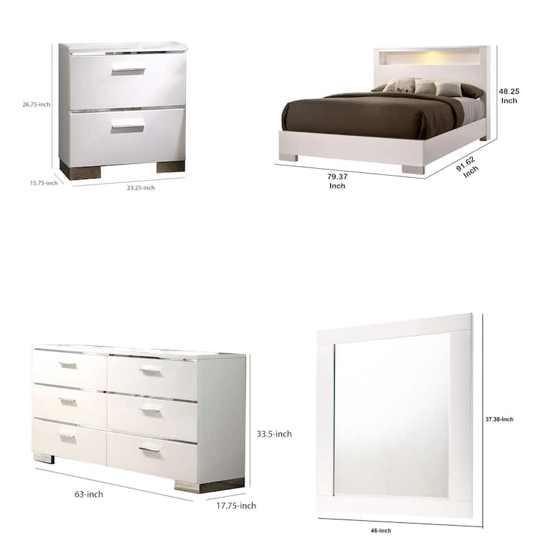 Cari Four Pc King Bedroom Set, LED Headboard with Shelf, White Wood, Chrome Stripes