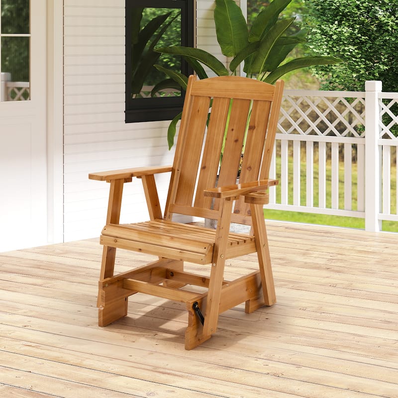 EROMMY Outdoor Wooden Glider Rocker Chair, High Backrest Patio Rocker with Cup Holders, Single & Double Options - Single Outdoor Glider Rocker