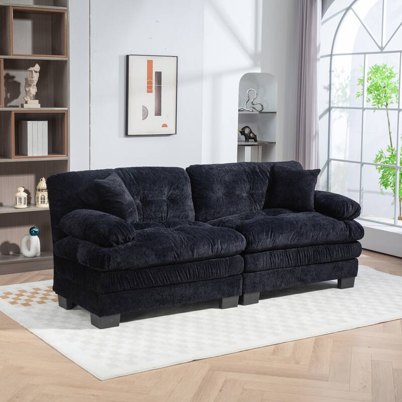 Two-seat Black Breathable Chenille Sofa Sleeper with Dual-Layer Cushion and Two Pillows