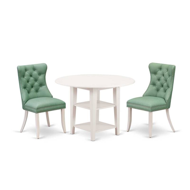 HomeStock 3-Pc Linen White Finish Round Solid Wood Top with Dropleaf Dining Table Set