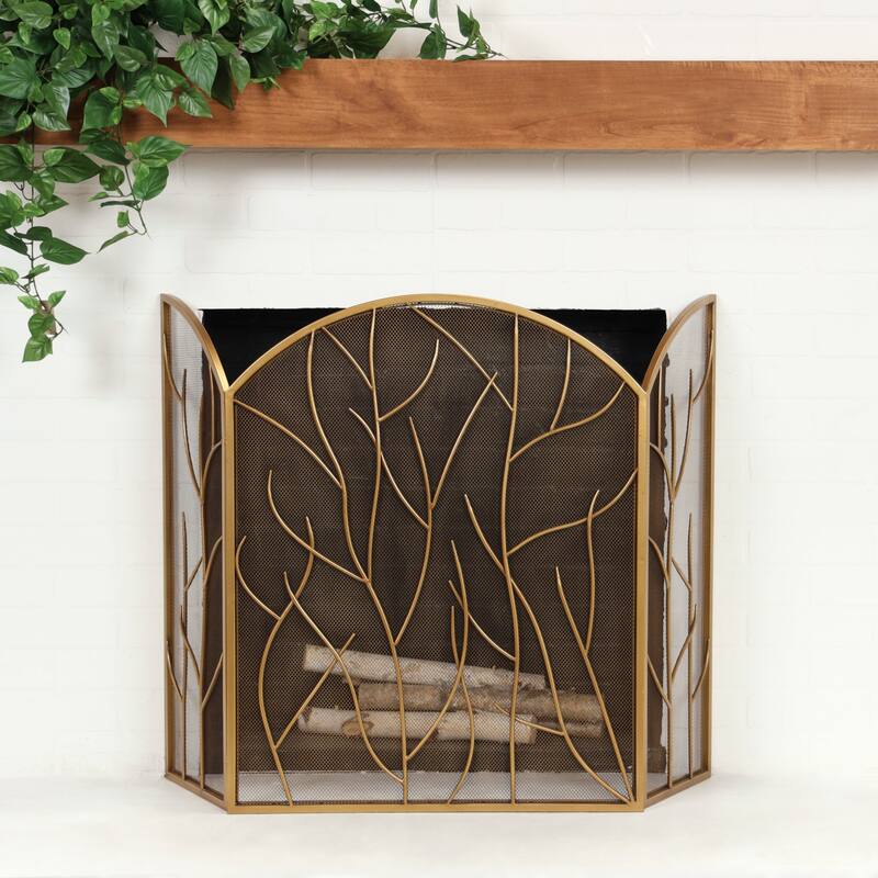 Metal Tree Branch Single Panel Fireplace Screen with Mesh Netting - Brass or Gold - Roche River Decor