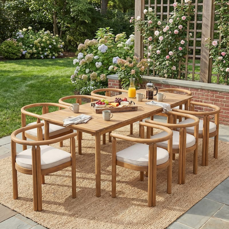 Christopher Knight Home - Outdoor Solid Wood Dining Set with Cushioned Armrest Chairs in Teak Finish (9-Piece Set) - Teak+ Beige