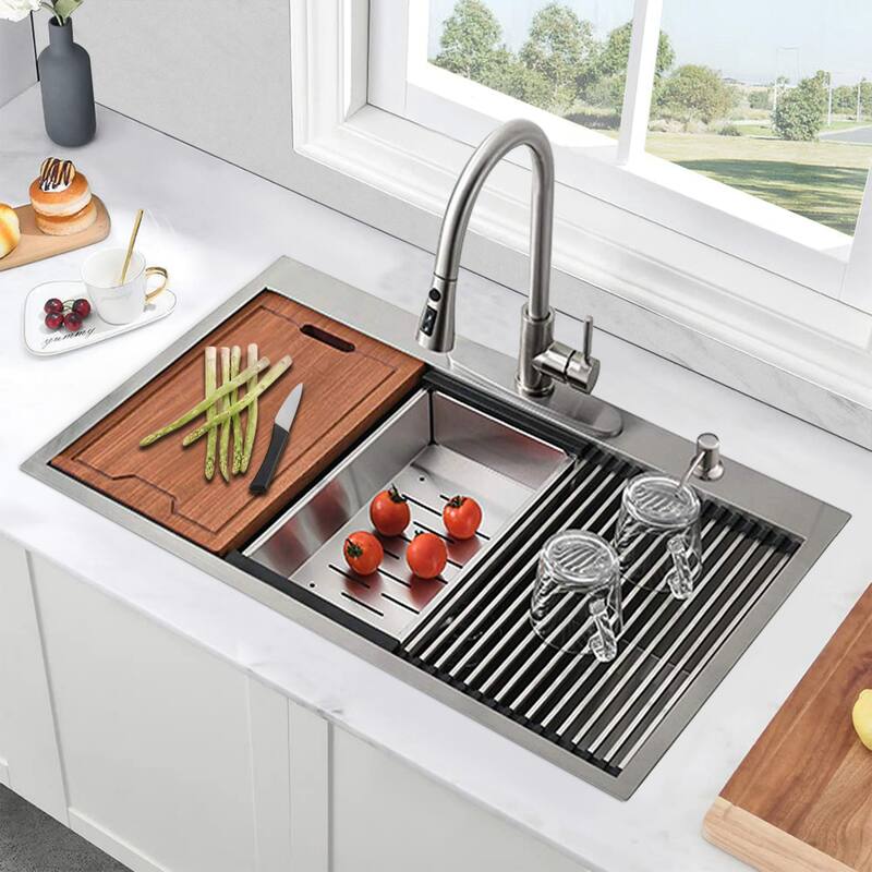 30'' Stainless Steel 2-Hole Single Bowl Drop-In Workstation Kitchen Sink with Bottom Grid&Basket Strainer
