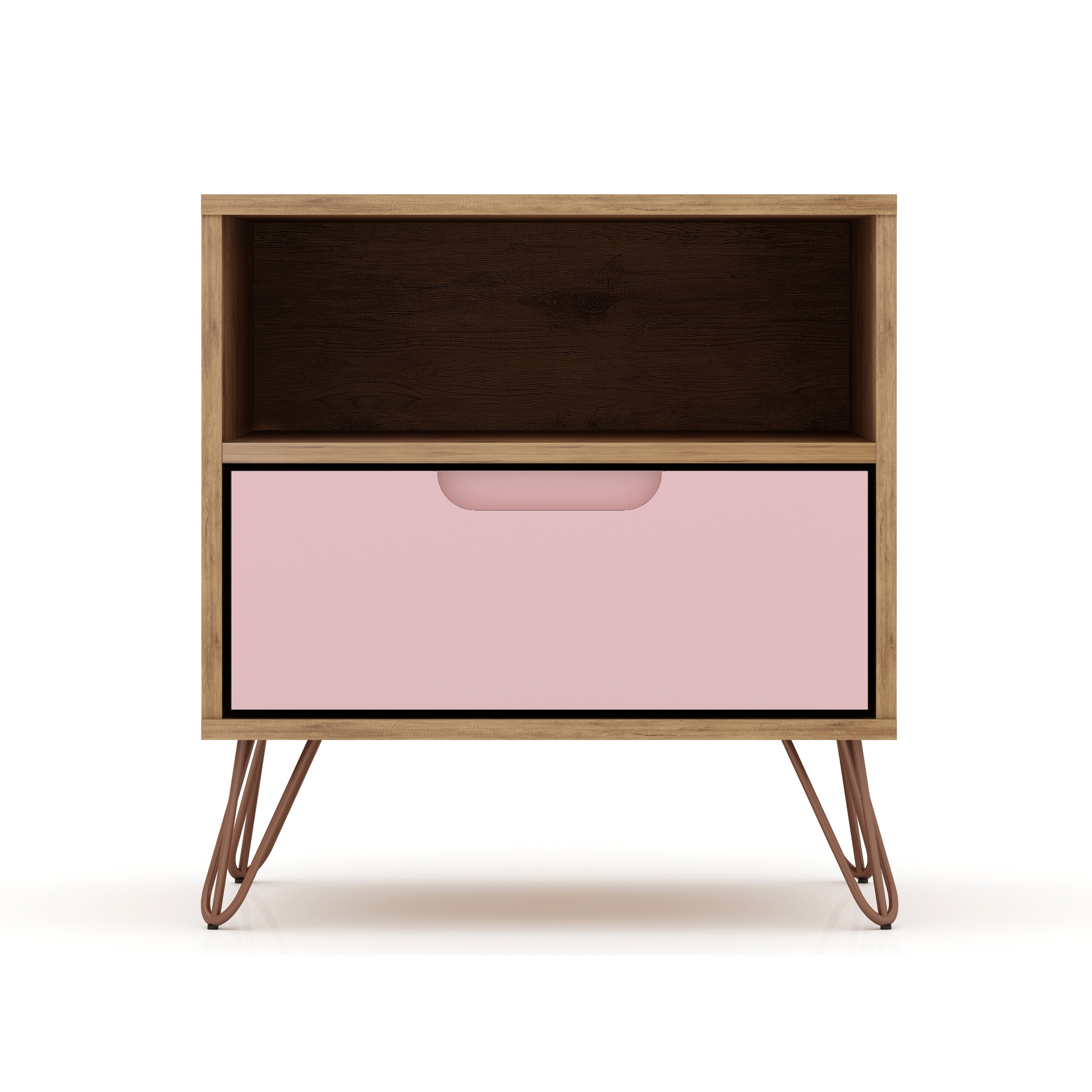 Modern Nightstand with Drawer and Open Shelf Metal Legs Mid Century Design