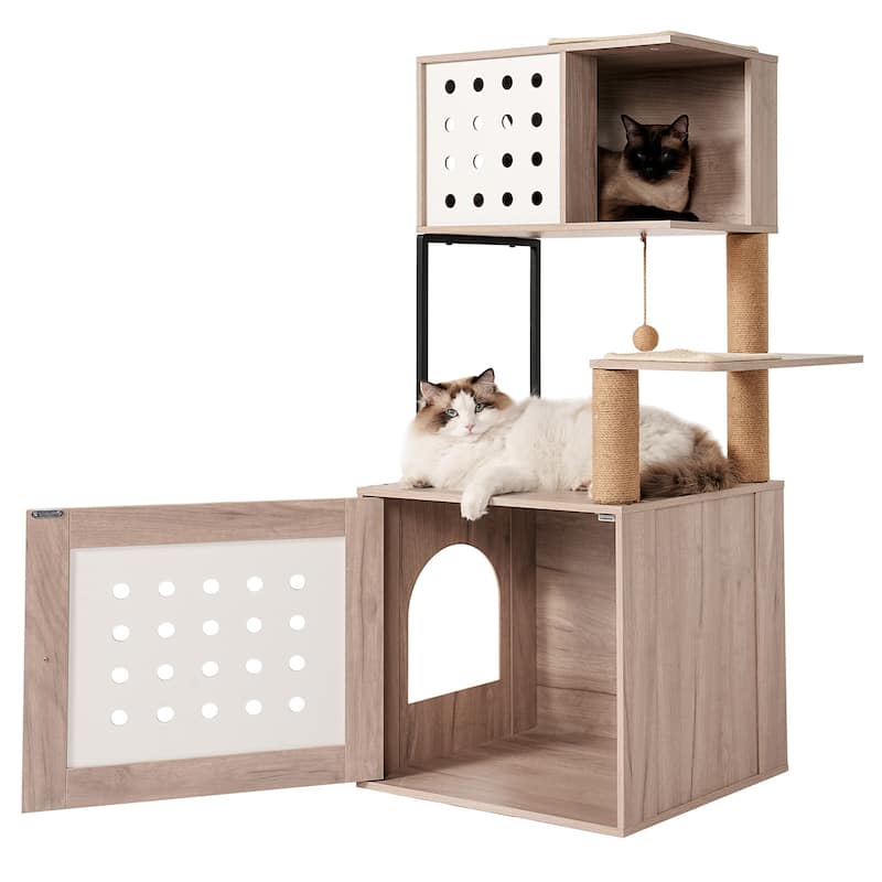 Cat Tree with Litter Box Enclosure, All-in-one Cat Tower for Indoor Cats with Large Hammock, Bed, Food Station, Scratching Posts