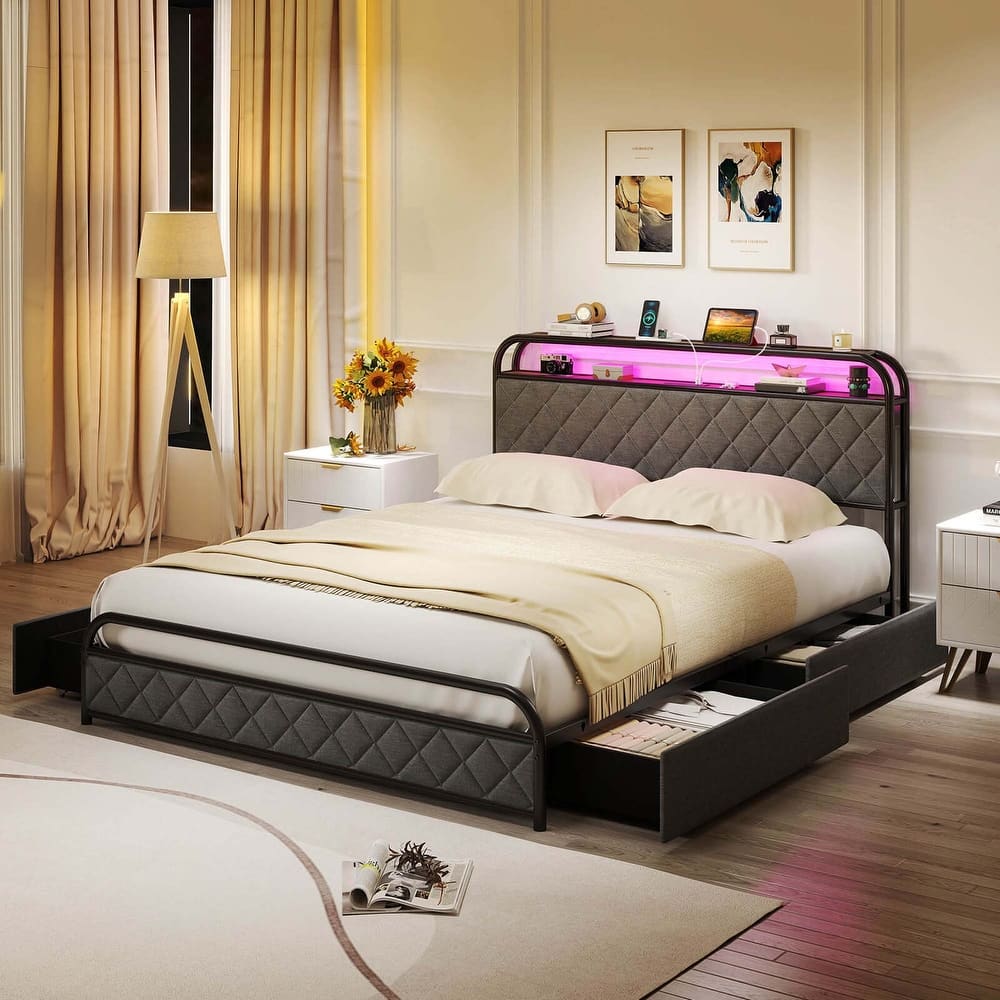 Costway Twin/Full/Queen Size Bed Frame with LED Lights & Charging