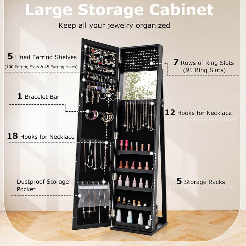 Costway Mirrored Jewelry Cabinet Armoire Lockable Standing Storage - Black - See Details
