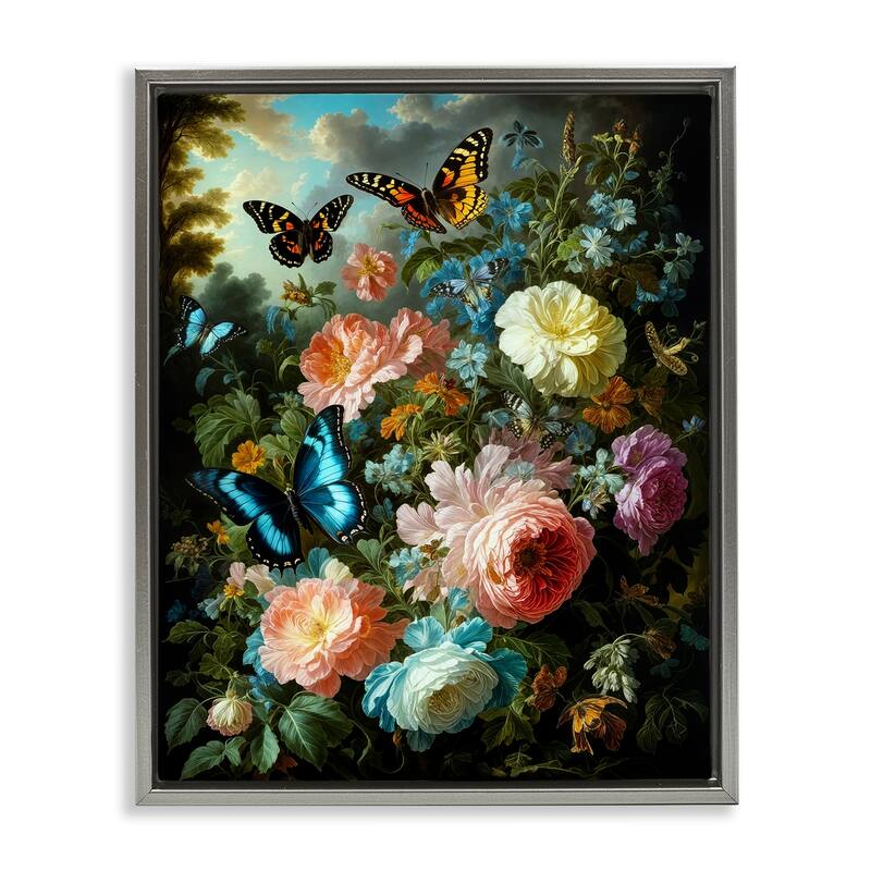 Stupell Blooming Roses & Monarch Butterflies Framed Floater Canvas Wall Art Design By Tabz Jones - 17 x 21 - Grey