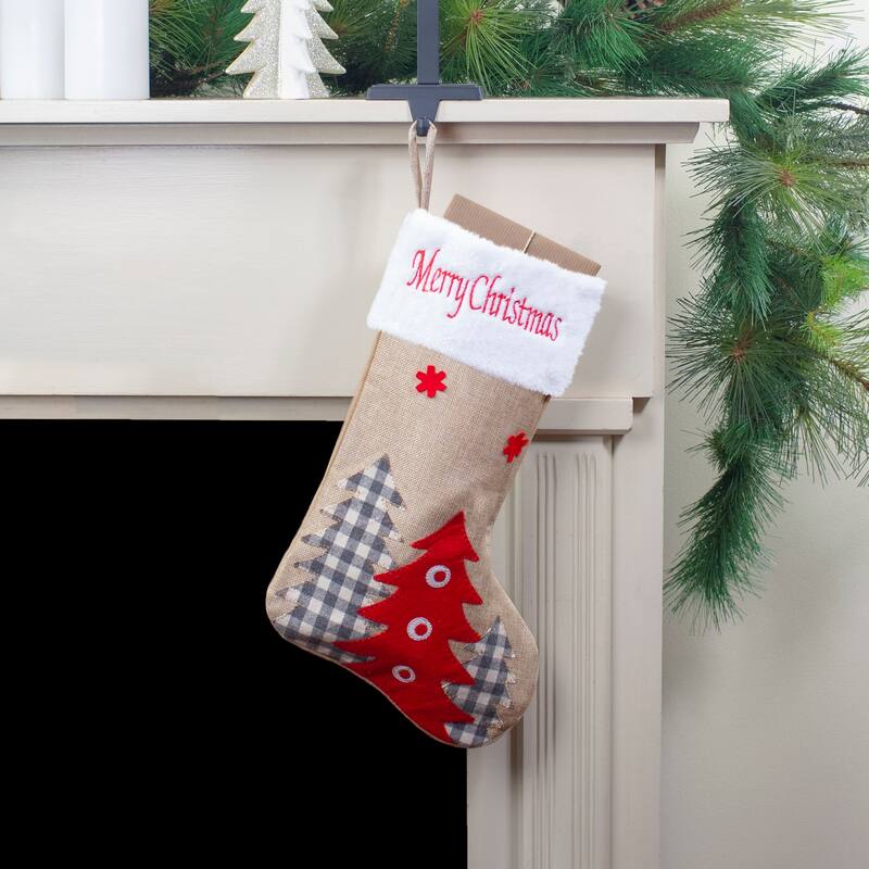 19" Beige and Red Burlap "Happy Holidays" Forest Trees Christmas Stocking