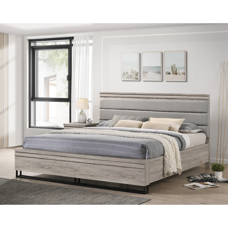 Roundhill Furniture Alvear Upholstered Wood Panel Bed, Dresser, Mirror, Nightstand, and Chest, Weathered Gray