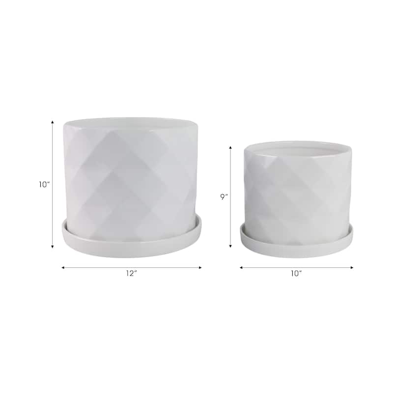 Ceramic Saucer Planters Geometric Finish (Set of 2) - 10", 9" White - 11.75" x 11.75" x 10.25"