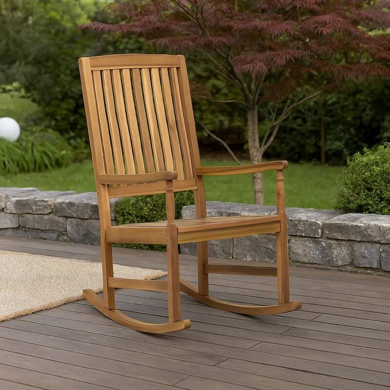 Fred Outdoor Rocking Chair, Slatted Back Design, Brown Acacia Wood