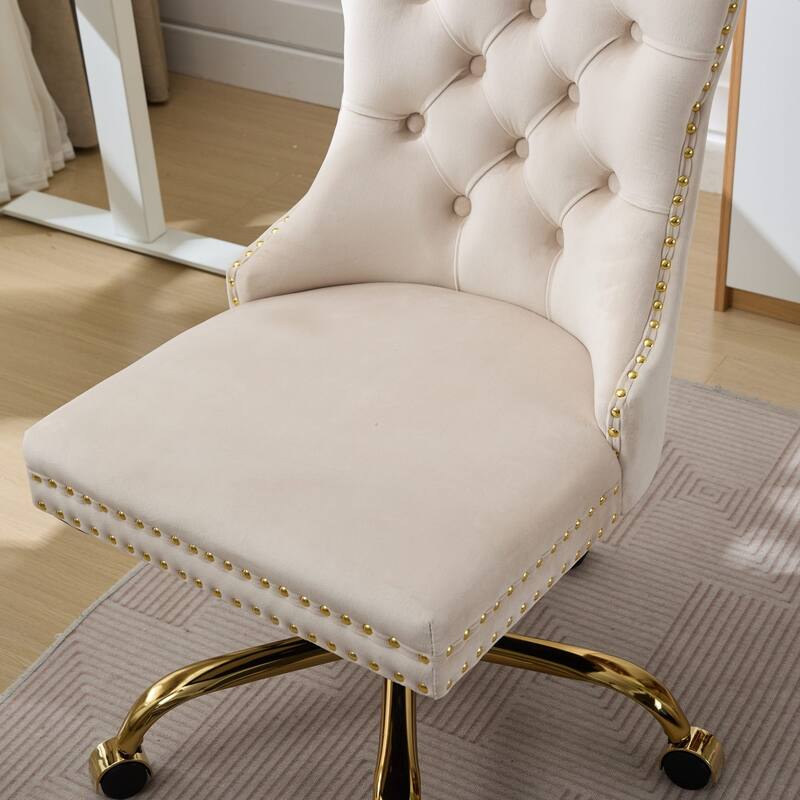 GDF Studio - Velvet Tufted Upholstered Home Office Chair with Golden Metal Base with Swivel Adjustment and Elegant Button Back
