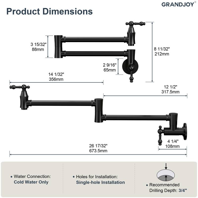 GRANDJOY Wall‑Mount Pot Filler Faucet with Dual Handle Control,High Flow Cold Water Faucet for Stove, Foldable Design