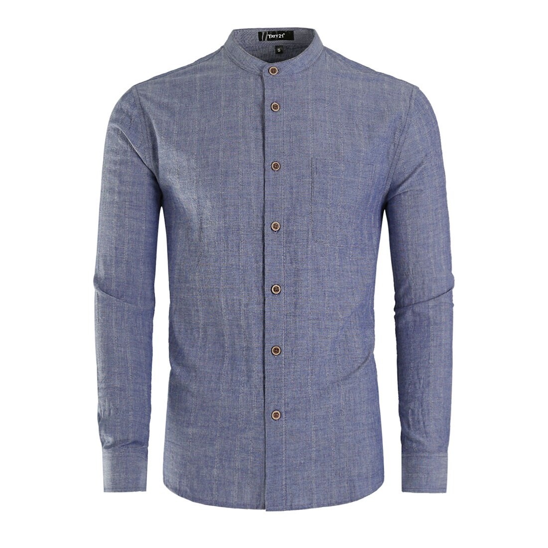 Shop Men Banded Collar Shirt Washed Cotton Long Sleeve Casual
