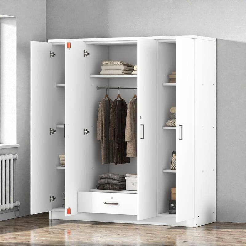 4 Door Wardrobe Closet with Drawer and Hanging Rail, Modern MDF Bedroom Armoire Storage Cabinet