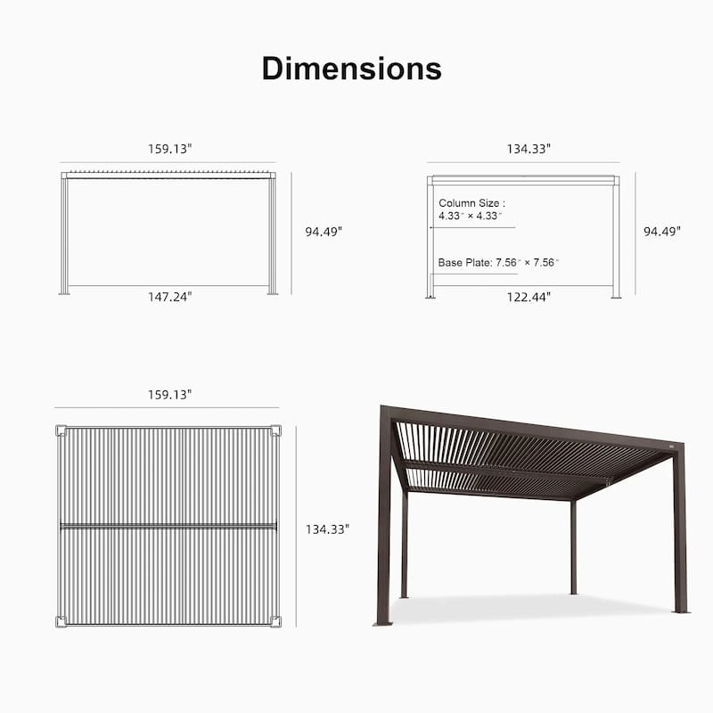 PURPLE LEAF Bronze Louvered Pergola with Adjustable Roof for Deck Backyard Garden Hardtop Gazebo