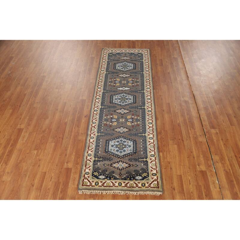 Gray Geometric Viss Indian Runner Rug Handmade Wool Carpet - 2'7"x 8'1"