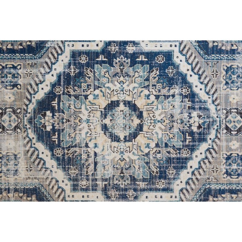 Kezia Vintage Style Tribal Kazak Rug, Classic Blue/Opal Gray
