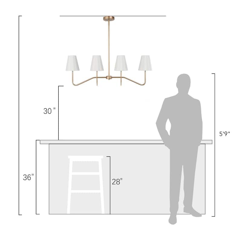 Mid-Century Modern 4-Light Gold Chandelier Island Lights with Fabric Shade for Dining Room - L 34.5" x W 5.5" x H 12.5"