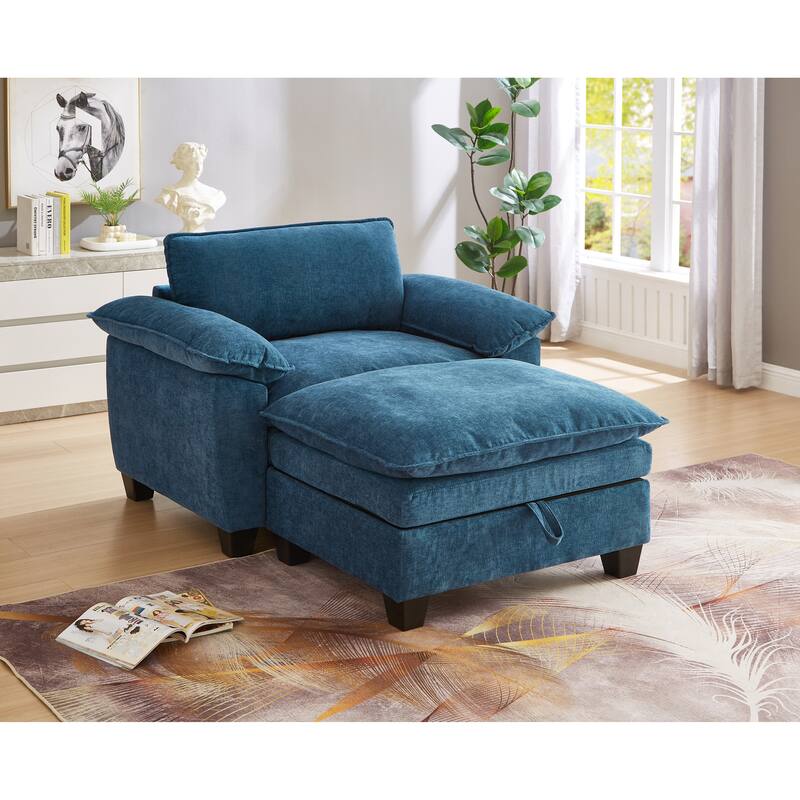Cloud Lazy Chaise Lounge, Single Sofa Chair & Storage Ottoman Set of 2, Oversize Chenille Upholstered Lounge Sleeper Sofa