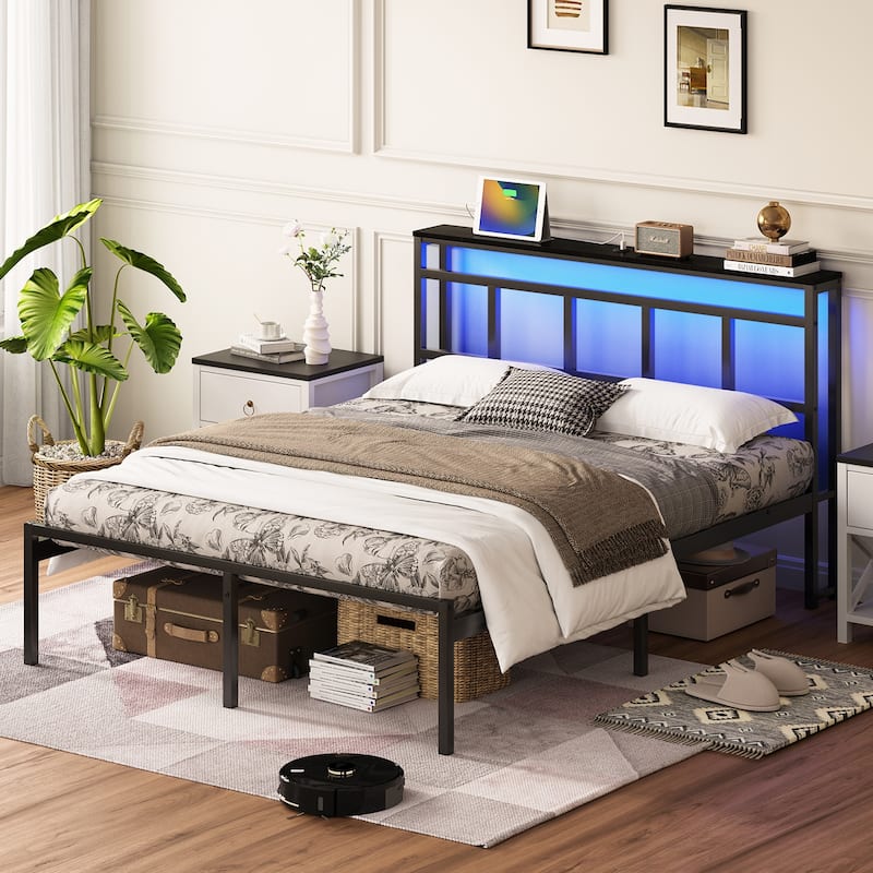 14 Inch Queen/Full/Twin Metal Platform Bed Frame with Storage Headboard, USB-C & LED Light - Black - Queen