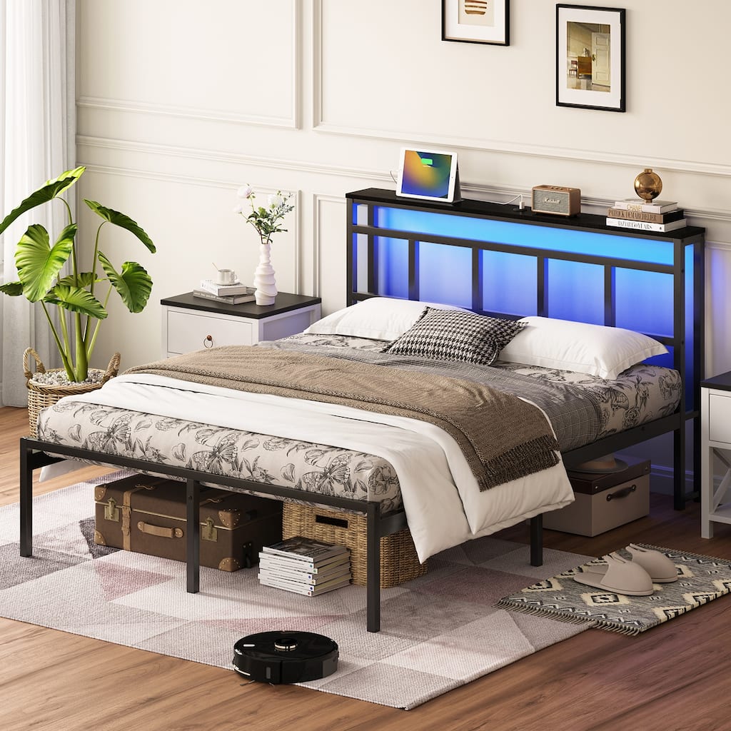 Queen Platform Bed Frame with Storage Headboard & LED Light