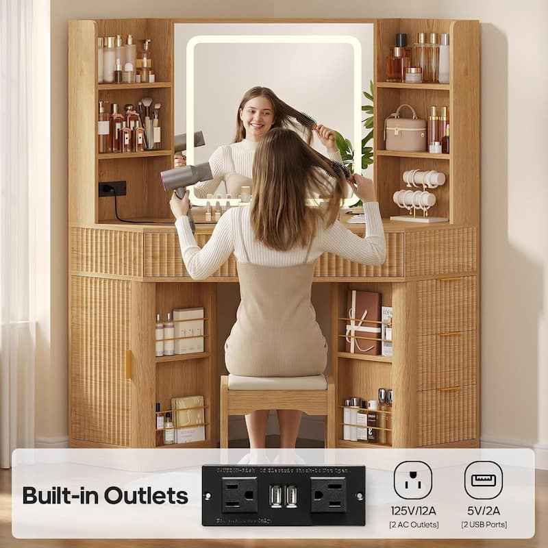 Corner Vanity Desk with Lighted Mirror Drawers Shelves Storage Stool