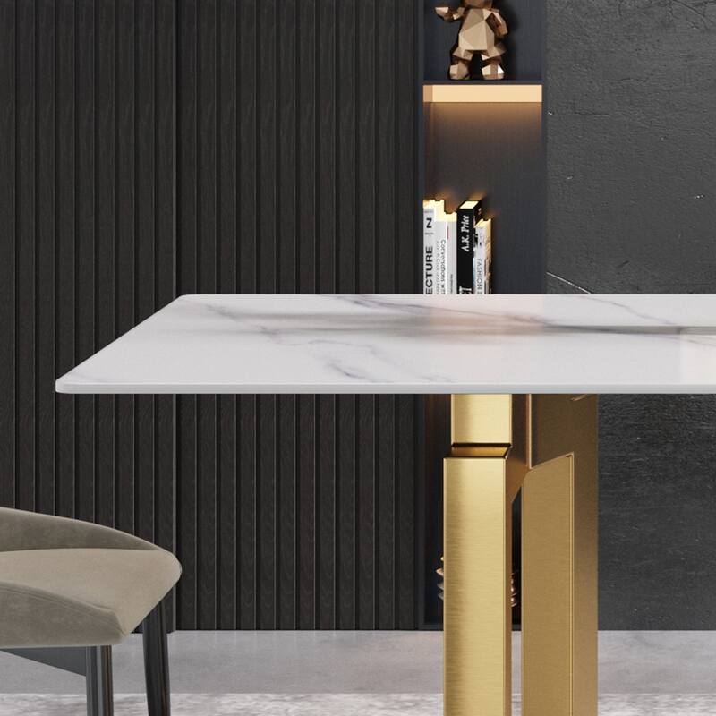 63"Modern artificial stone white straight edge metal leg dining table -6 people