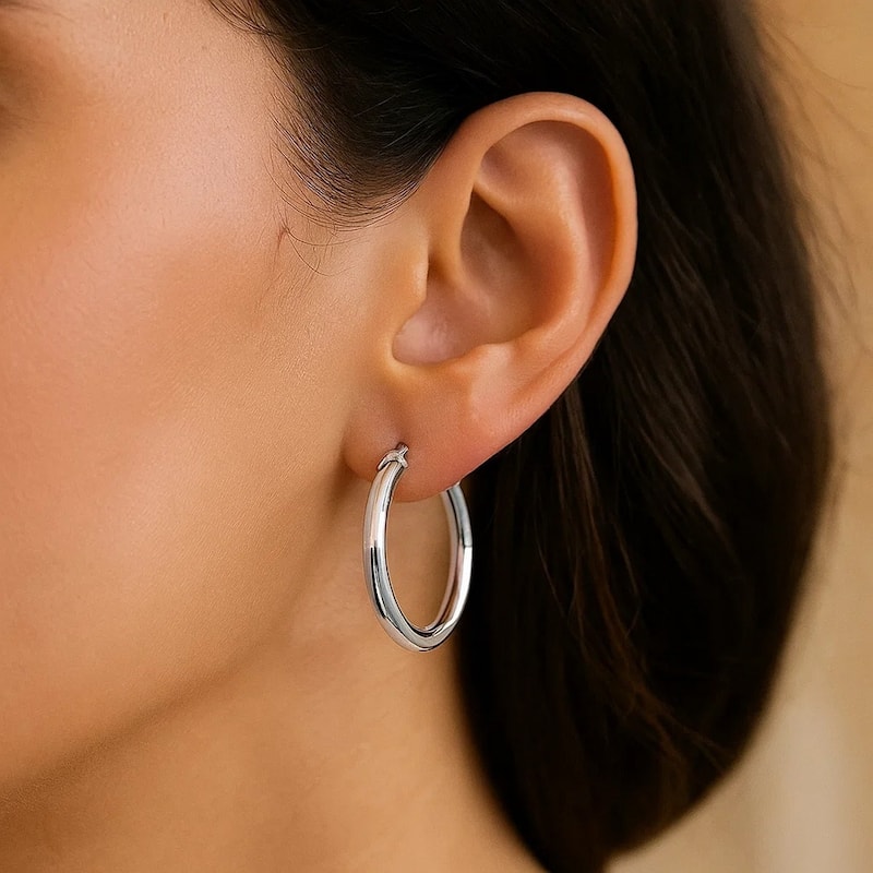 MayaMila Sterling Silver Polished Hoop Motif Earrings with Rhodium Plating (20mm)